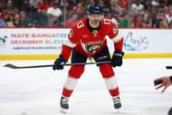 Sam Reinhart of the Florida Panthers looks on Vegas Golden Knights during the second period of the game at Amerant Bank Arena on December 23, 2023 in...